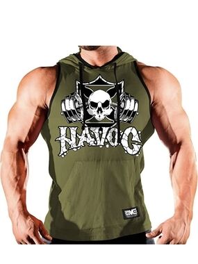 Skull Barbell Sleeveless Hoodie Tank - Olive